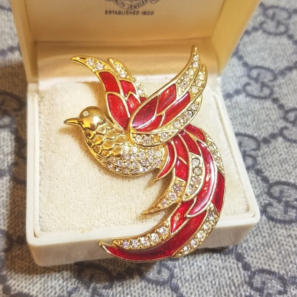 Vintage Designer Giorgio Red Enamel Crystal Bird Brooch